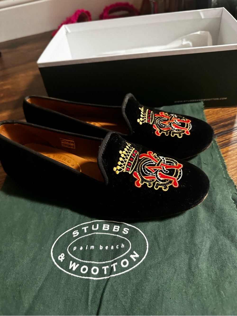 Stubbs & Wootton Black Velvet Embroidered Crest Loafers